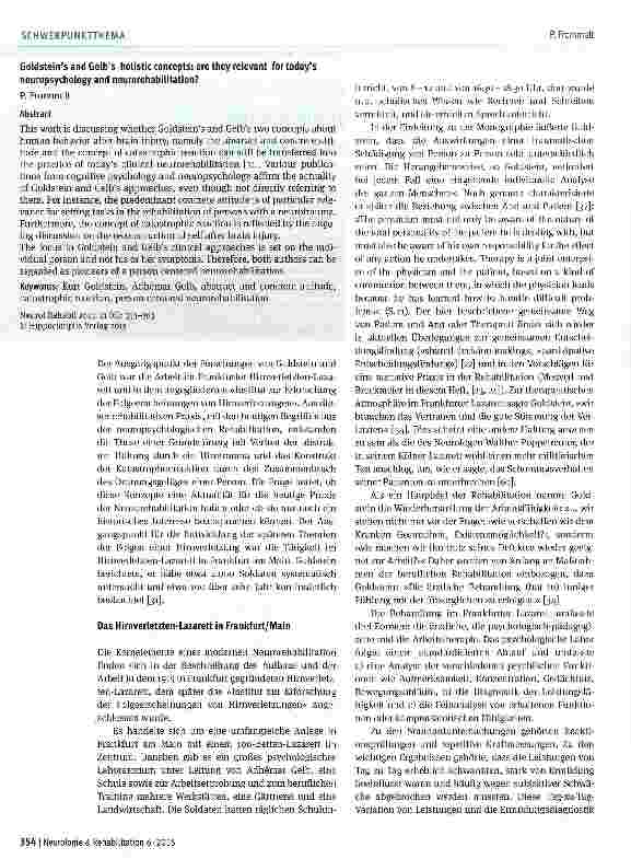 Vorschauseite 2: Kurt Goldstein und Adhemar Gelb: Haben sie eine Aktualität für die heutige Neurorehabilitation und Neuropsychologie?