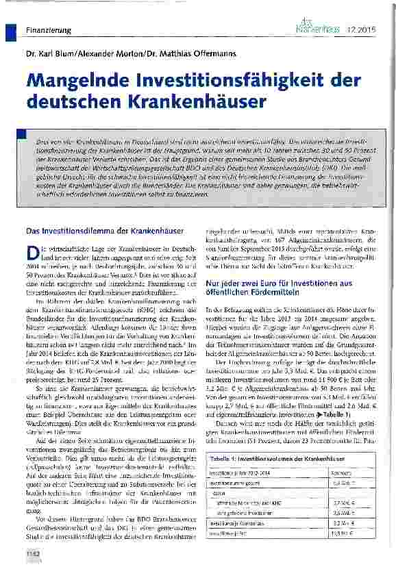 Vorschauseite 1: Mangelnde Investitionsfähigkeit der deutschen Krankenhäuser