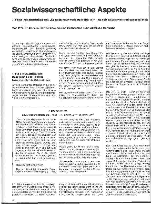 Vorschauseite 1: Sozialwissenschaftliche Aspekte 7. Folge: Unterrichtsbeispiel: Kandidat Unwirrsch stellt sich vor.