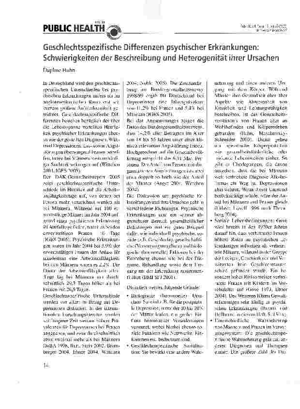 Vorschauseite 1: Geschlechtsspezifische Differenzen psychischer Erkrankungen: Schwierigkeiten der Beschreibung und Heterogenität ihrer Ursachen