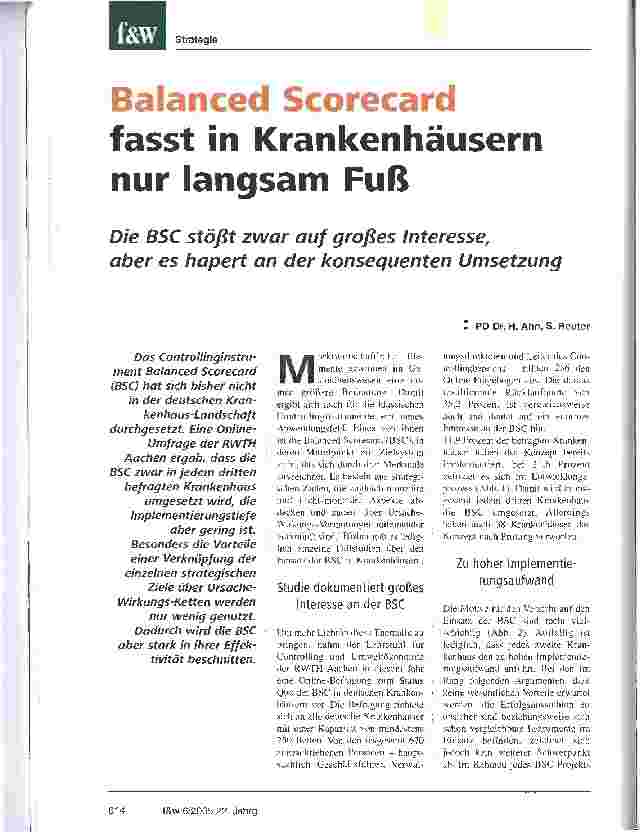 Vorschauseite 1: Balanced Scorecard fasst in Krankenhäusern nur langsam FußDie BSC stößt zwar auf großes Interesse,aber es hapert an der konsequenten Umsetzung