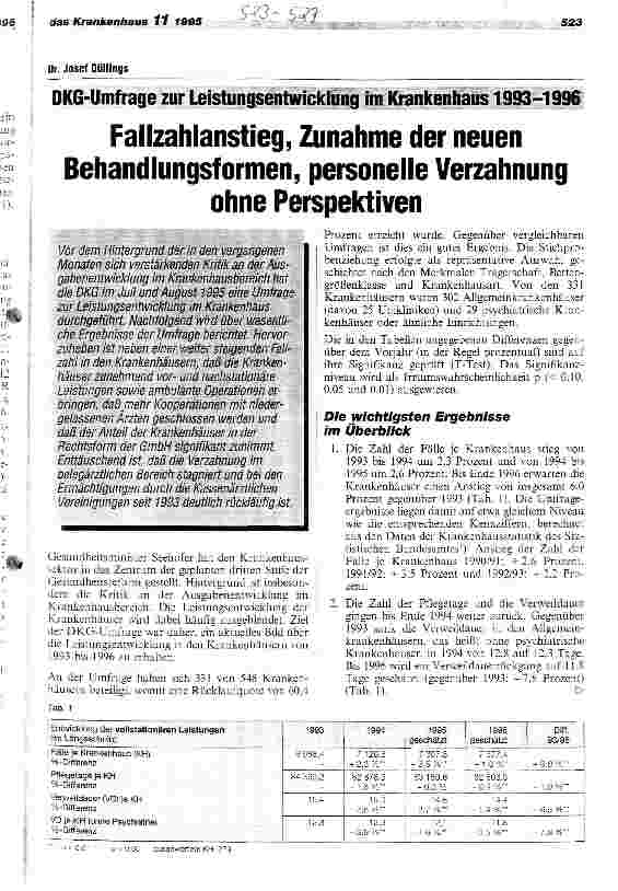 Vorschauseite 1: DKG-Umfrage zur Leistungsentwicklung im Krankenhaus 1993 - 1996 Fallzahlenanstieg, Zunahme der neuen Behandlungsformen, personelle Verzahnung ohne Perspektiven