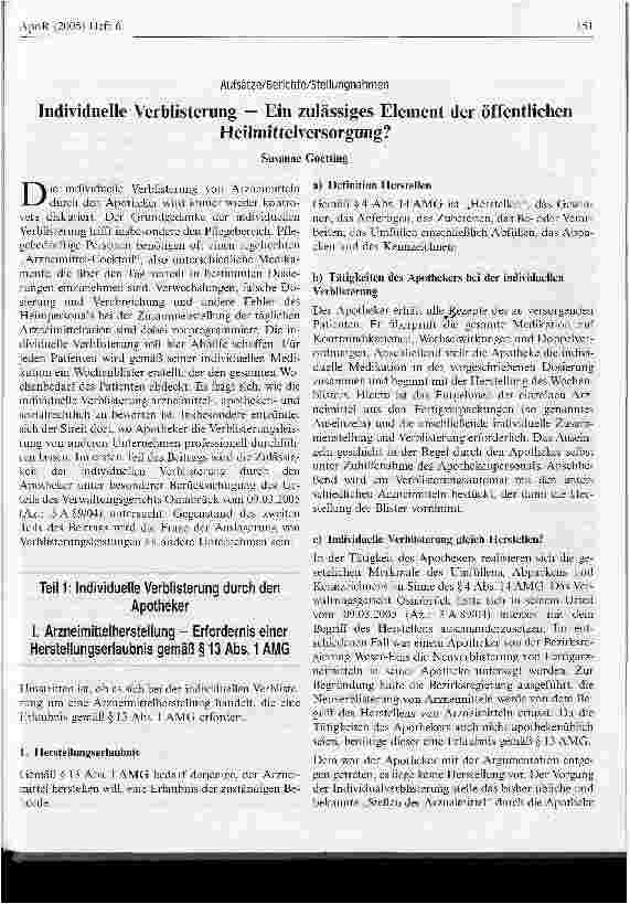Vorschauseite 1: Individuelle Verblisterung - Ein zulässiges Element der öffentlichen Heilmittelversorgung?