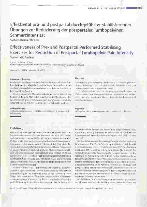 Vorschauseite 1: Effektivität präund postpartal durchgeführter stabilisierenderÜbungen zur Reduzierung der postpartalen lumbopelvinen Schmerzintensität