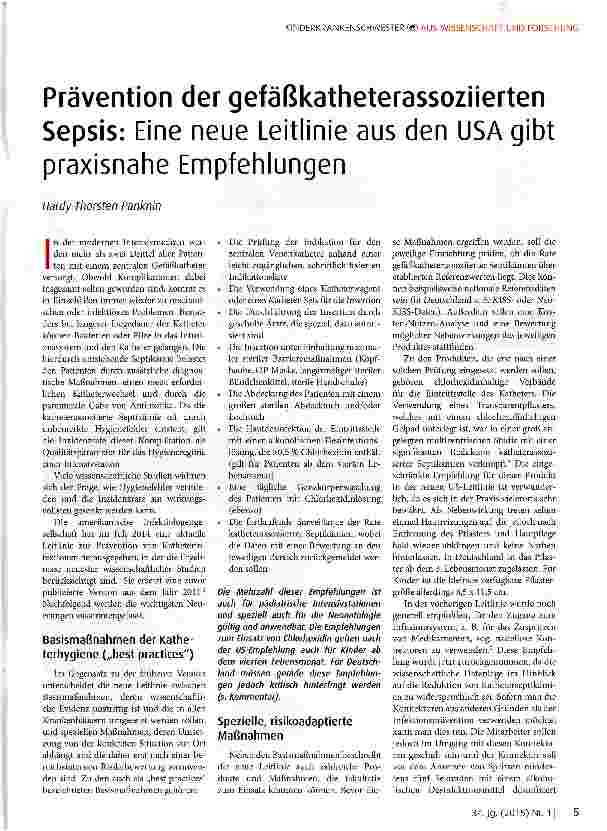 Vorschauseite 1: Prävention der gefäßkatheterassoziierten Sepsis: Eine neue Leitlinie aus den USA gibt praxisnahe Empfehlungen