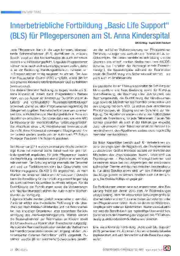 Vorschauseite 1: Innerbetriebliche Fortbildung „Basic Life Support (BLS) für Pflegepersonen am St. Anna Kinderspital