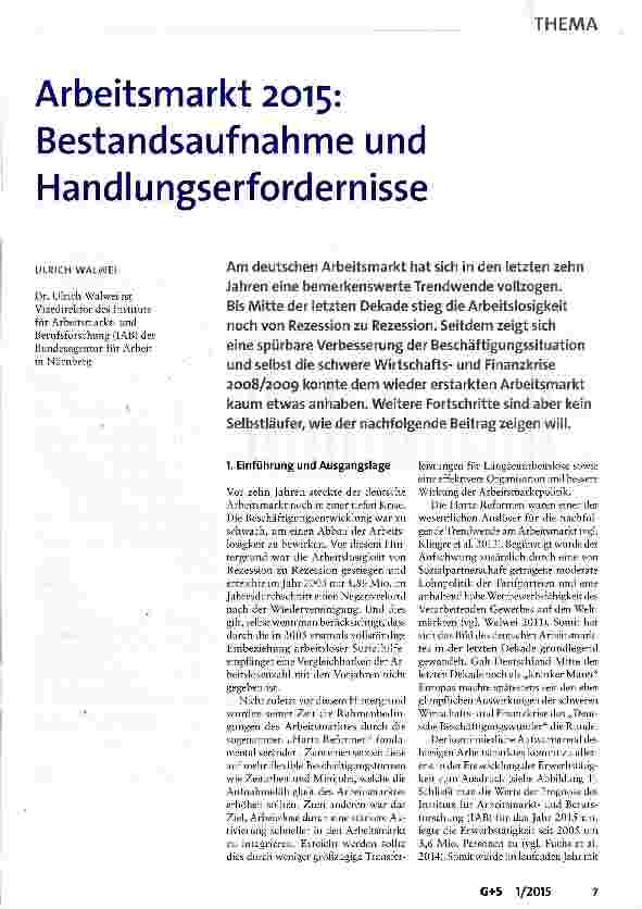 Vorschauseite 1: Arbeitsmarkt 2015: Bestandsaufnahme und Handlungserfordernisse