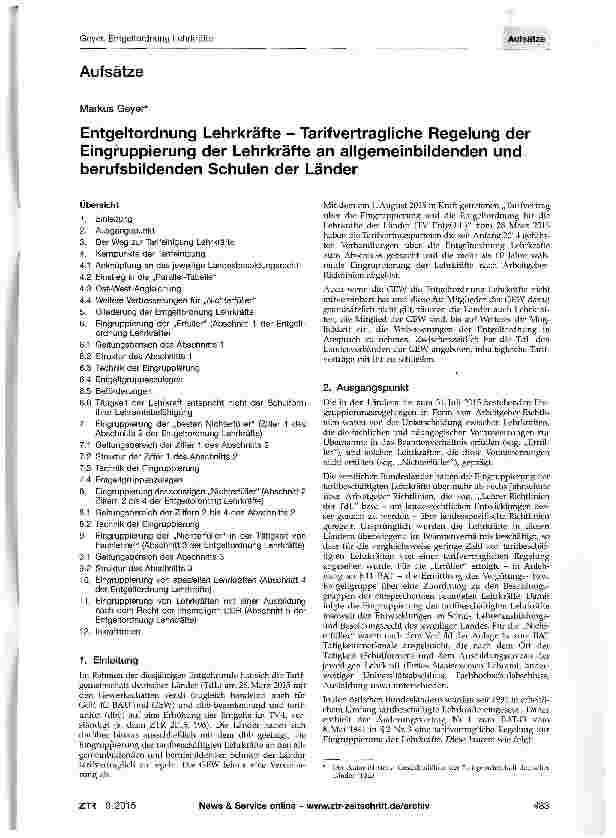 Vorschauseite 1: Entgeltordnung Lehrkräfte - Tarifvertragliche Regelung der Eingruppierung der Lehrkräfte an allgemeinbildenden und berufsbildenden Schulen der Länder