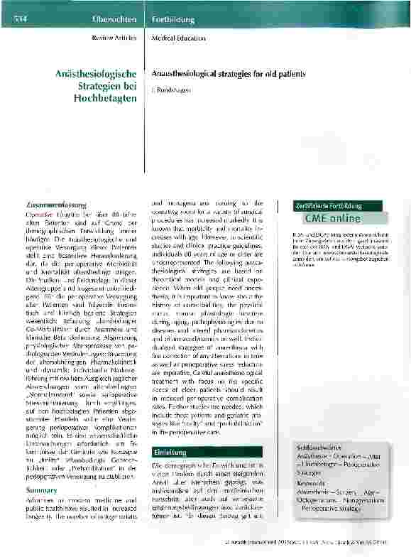 Vorschauseite 1: Anästhesiologische Strategien bei Hochbetagten