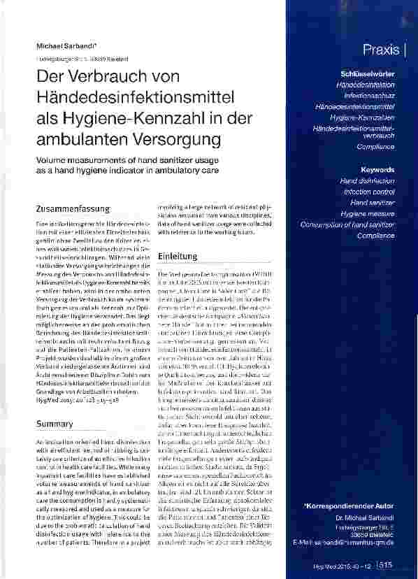Vorschauseite 1: Der Verbrauch von Händedesinfektlonsmittel als Hygiene-Kennzahl in der ambulanten Versorgung