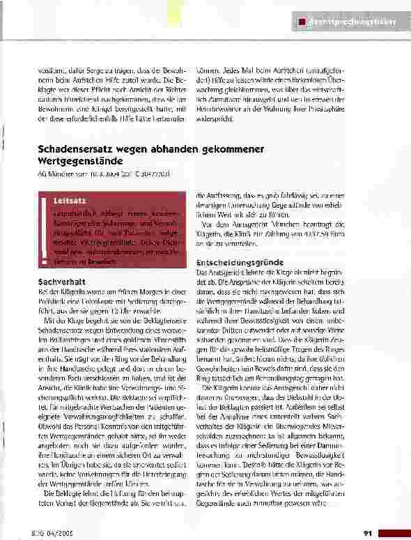 Vorschauseite 1: Schadensersatz wegen abhanden gekommener WertgegenständeAG München vom 10. 3. 2004 (231 C 30477/03]