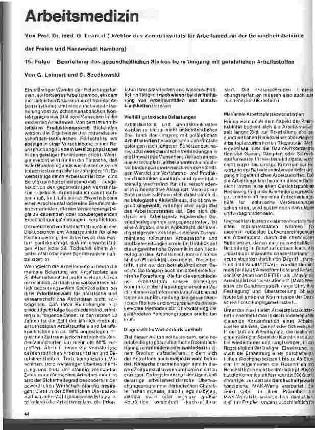 Vorschauseite 1: Arbeitsmedizin: 15. Folge: Beurteilung der gesundheitlichen Risiken beim Umgang mit gefährlichen Arbeitsstoffen