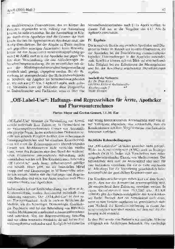 Vorschauseite 1: Off-Label-Use: Haftungsund Regressrisiken für Ärzte, Apotheker und Pharmaunternehmen