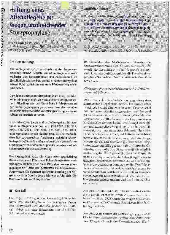 Vorschauseite 1: Haftung eines Altenpflegeheims wegen unzureichender Sturzprophylaxe