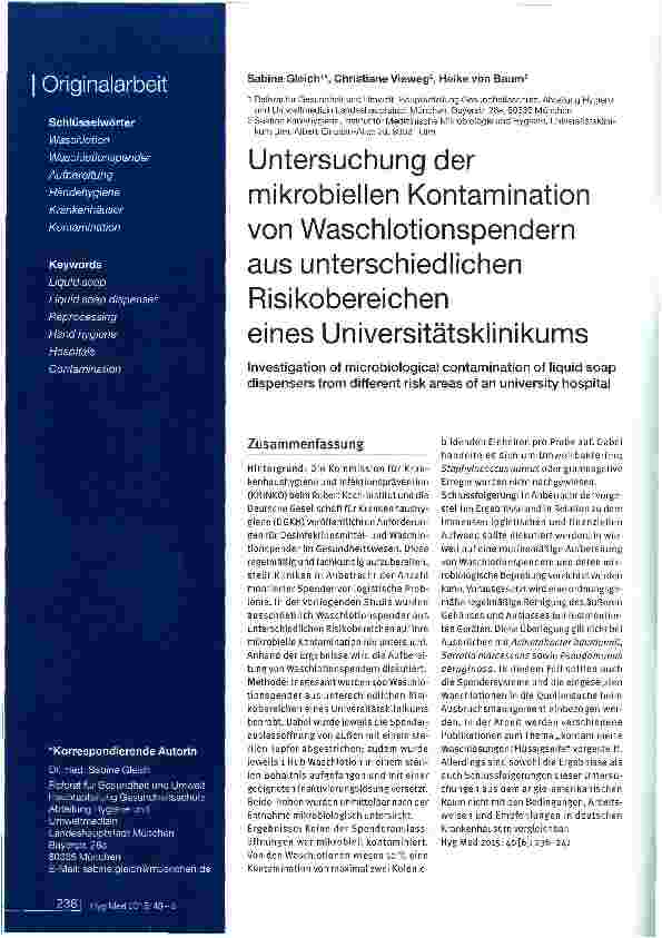 Vorschauseite 1: Untersuchung der mikrobiellen Kontamination von Waschlotionspendern aus unterschiedlichenRisikobereichen eines Universitätsklinikums