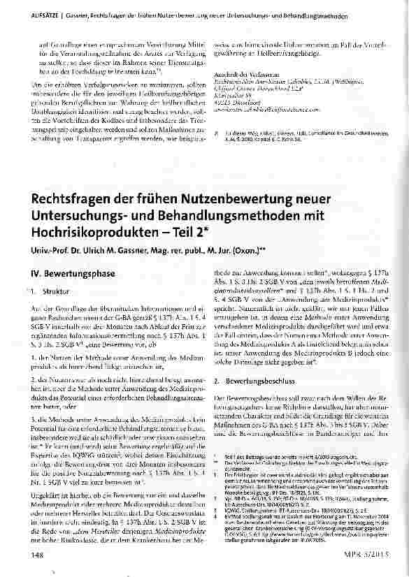 Vorschauseite 1: Rechtsfragen der frühen Nutzenbewertung neuer Untersuchungsund Behandlungsmethoden mit Hochrisikoprodukten -Teil 2