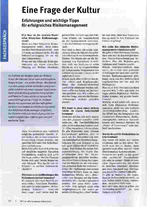 Vorschauseite 1: Eine Frage der Kultur Erfahrungen und wichtige Tipps für erfolgreiches Risikomanagement