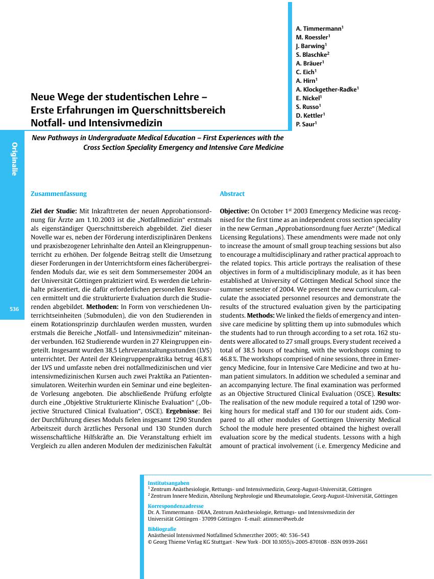 Vorschauseite 1: Neue Wege der studentischen Lehre - Erste Erfahrungen im Querschnittsbereich Notfallund Intensivmedizin