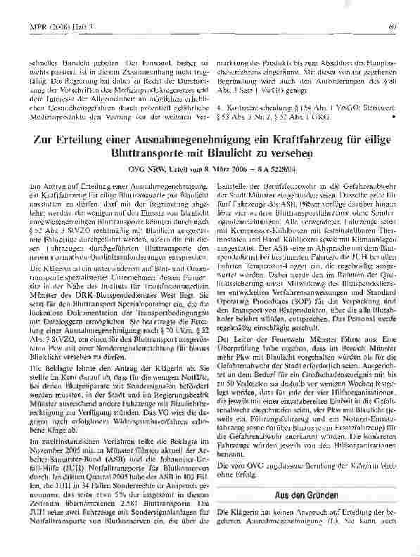 Vorschauseite 1: Zur Erteilung einer Ausnahmegenehmigung ein Kraftfahrzeug für eilige Bluttransporte mit Blaulicht zu versehen