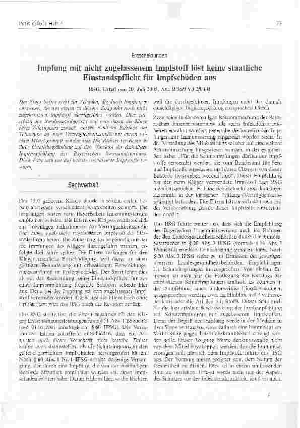 Vorschauseite 1: Impfung mit nicht zugelassenem Impfstoff löst keine staatliche Einstandspflicht für Impfschäden aus