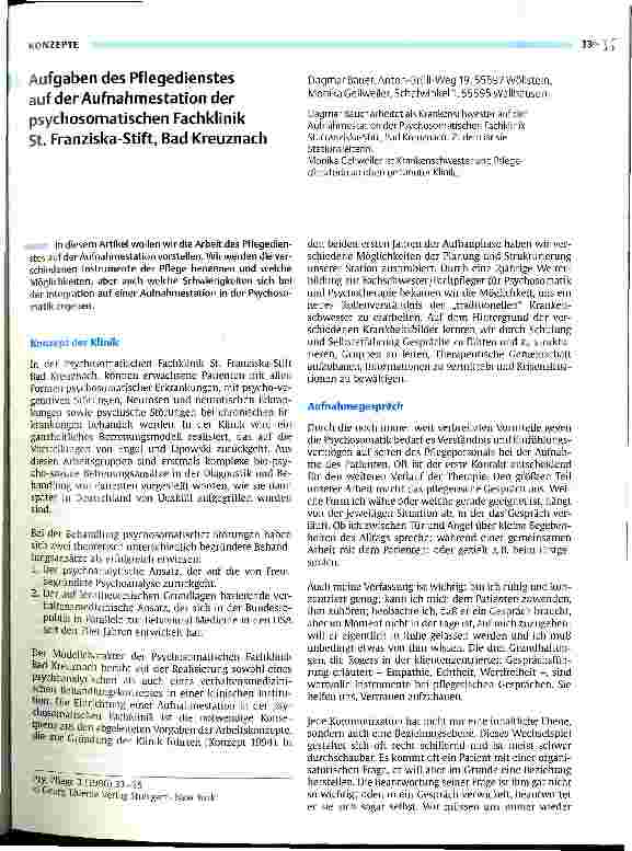 Vorschauseite 1: Aufgaben des Pflegedienstes auf der Aufnahmestation der psychosomatischen Fachklinik St.Franziska-Stift, Bad Kreuzbach