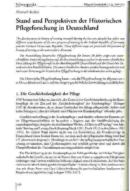 Vorschauseite 1: Stand und Perspektiven der Historischen Pflegeforschung in Deutschland