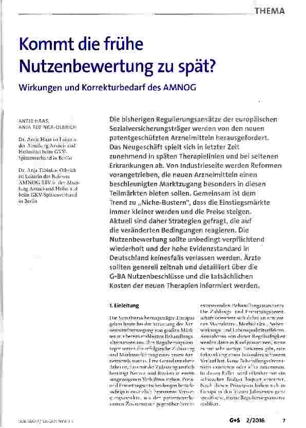 Vorschauseite 1: Kommt die frühe Nutzenbewertung zu spät?