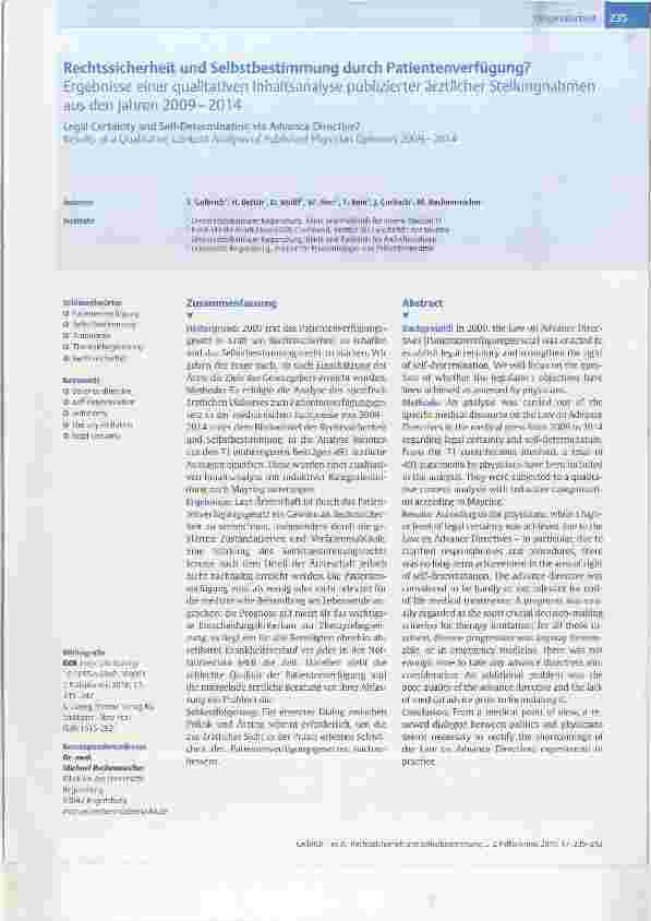 Vorschauseite 1: Rechtssicherheit und Selbstbestimmung durch Patientenverfügung?Ergebnisse einer qualitativen Inhaltsanalyse publizierter ärztlicher Stellungnahmen aus den Jahren 2009-2014