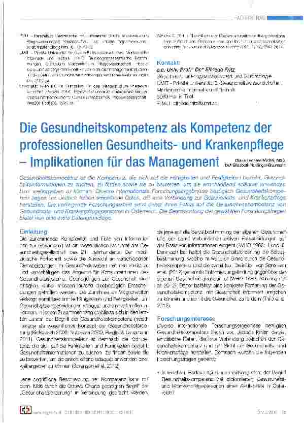 Vorschauseite 1: Die Gesundheitskompetenz als Kompetenz der professionellen Gesundheitsund Krankenpflege - Implikationen für das Management