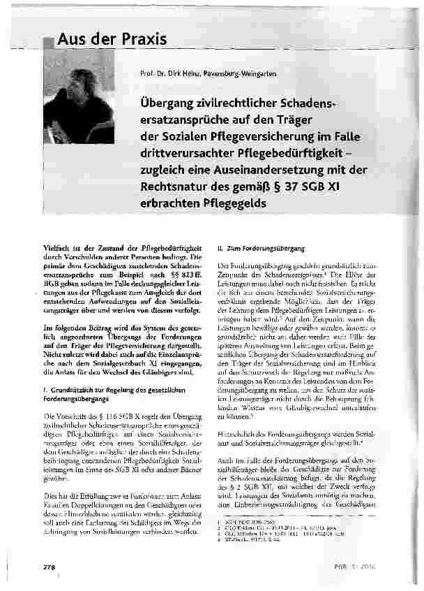 Vorschauseite 1: Übergang zivilrechtlicher Schadens-ersatzansprüche auf den Träger der Sozialen Pflegeversicherung im Falle drittverursachter Pflegebedürftigkeit -zugleich eine Auseinandersetzung…