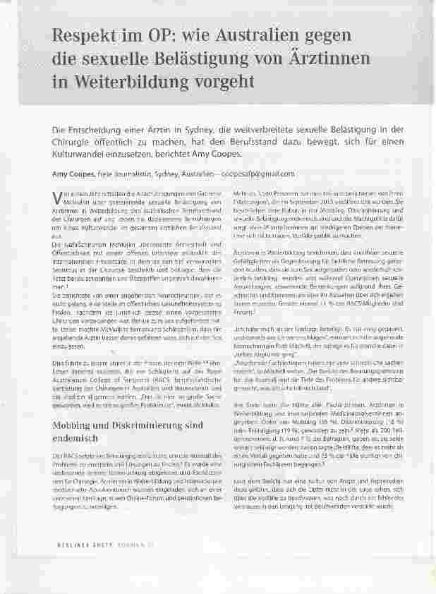 Vorschauseite 1: Respekt im OP: wie Australien gegen die sexuelle Belästigung von Ärztinnen in Weiterbildung vorgeht