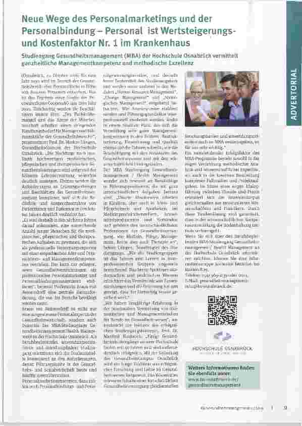 Vorschauseite 1: Neue Wege des Personalmarketings und der Personalbindung Personal ist Wertsteigerungs-und Kostenfaktor Nr. 1 im Krankenhaus