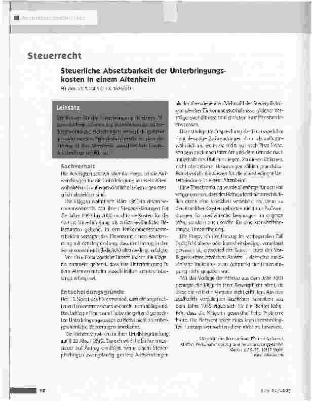 Vorschauseite 1: Steuerliche Absetzbarkeit der Unterbringungskosten in einem Altenheim