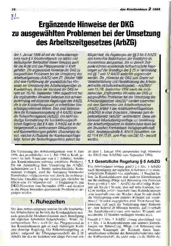 Vorschauseite 1: Ergänzende Hinweise der DKG zu ausgewählten Problemen bei der Umsetzung des Arbeitszeitsgesetzes