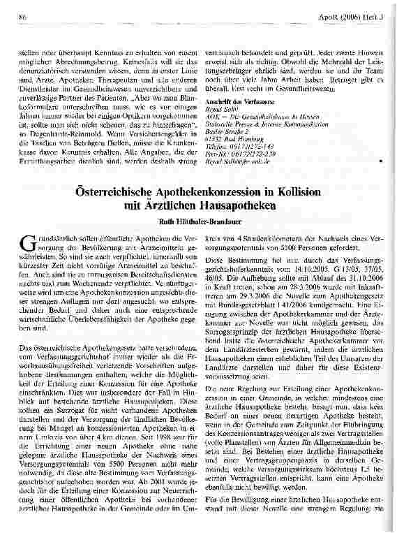 Vorschauseite 1: Österreichische Apothekenkonzession in Kollision mit Arztlichen Hausapotheken