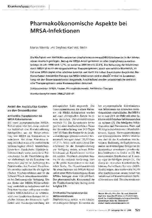 Vorschauseite 1: Pharmakoökonomische Aspekte bei MRSA-Infektionen