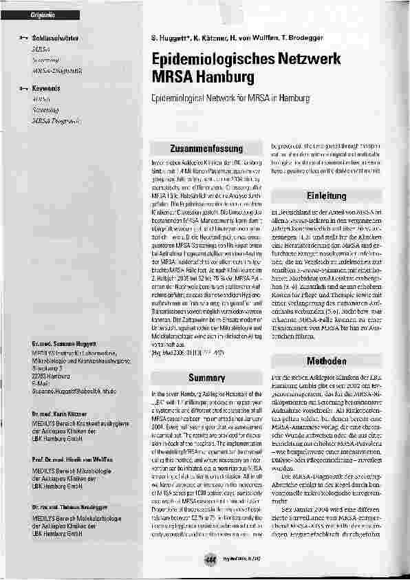Vorschauseite 1: Epidemiologisches Netzwerk MRSA HamburgEpidemiological Network for MRSA in Hamburg