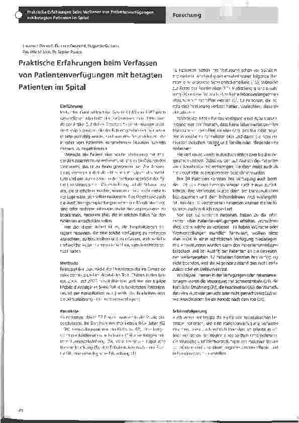 Vorschauseite 1: Praktische Erfahrungen beim Verfassen von Patientenverfügungen mit betagten Patienten im Spital