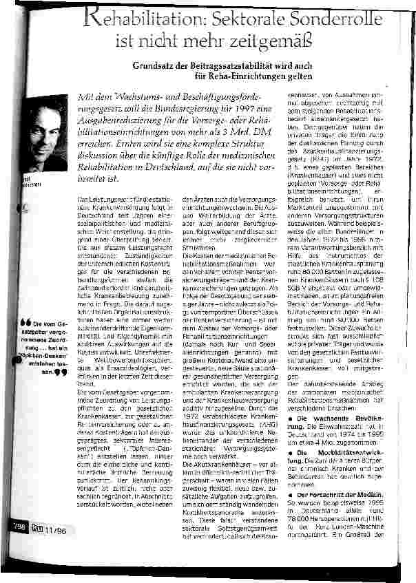 Vorschauseite 1: Rehabilitation: Sektorale Sonderrolle ist nicht mehr zeitgemäß Grundsatz der Beitragssatzstabilität wird auch für Reha-Einrichtungen gelten