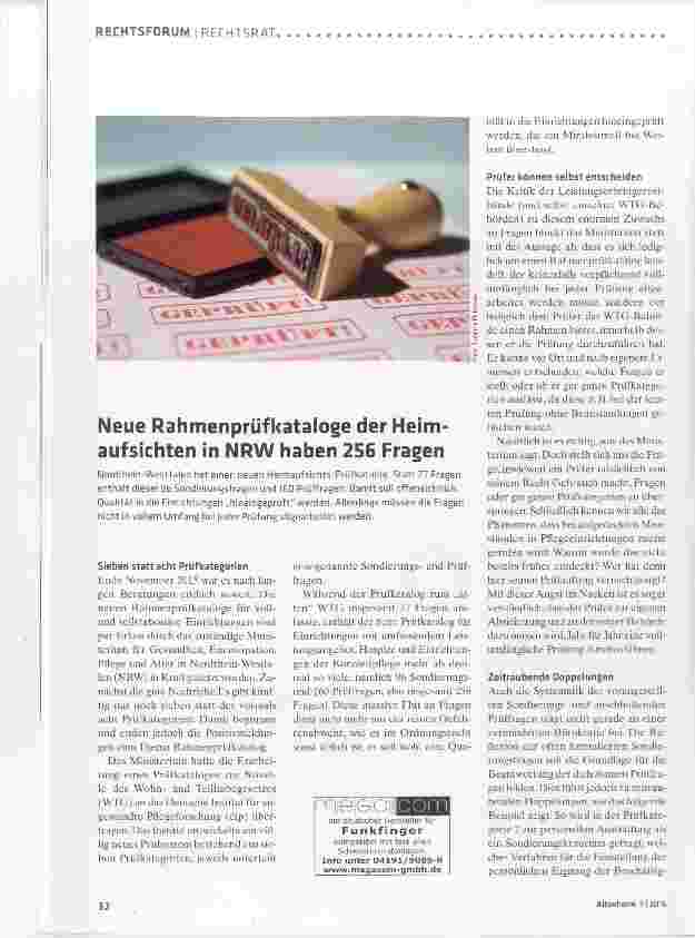 Vorschauseite 1: Neue Rahmenprüfkataloge der Heimaufsichten in NRW haben 256 Fragen