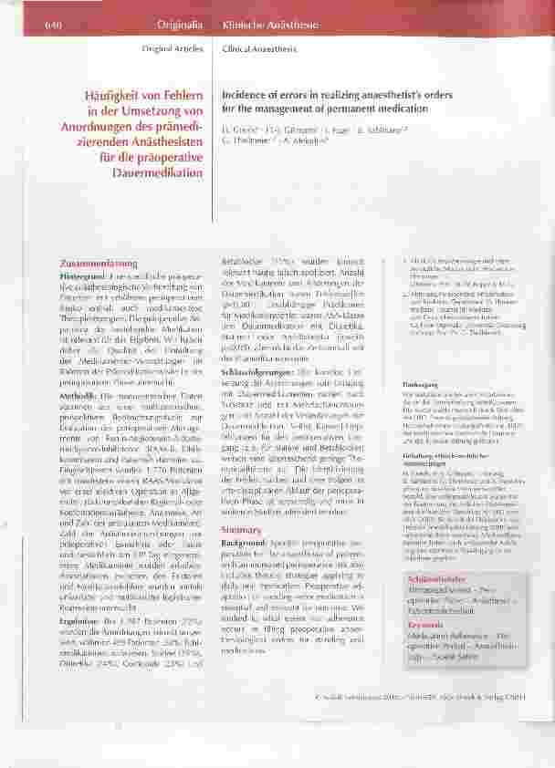 Vorschauseite 1: Häufigkeit von Fehlern in der Umsetzung von Anordnungen des prämedizierenden Anästhesisten für die präoperative Dauermedikation
