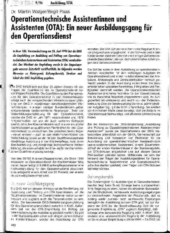 Vorschauseite 1: Operationstechnische Assistentinnen und Assistenten (OTA): Ein neuer Ausbildungsgang für den Operarionsdienst