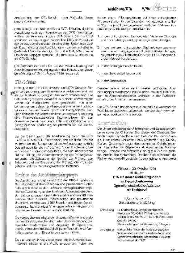Vorschauseite 2: Operationstechnische Assistentinnen und Assistenten (OTA): Ein neuer Ausbildungsgang für den Operarionsdienst