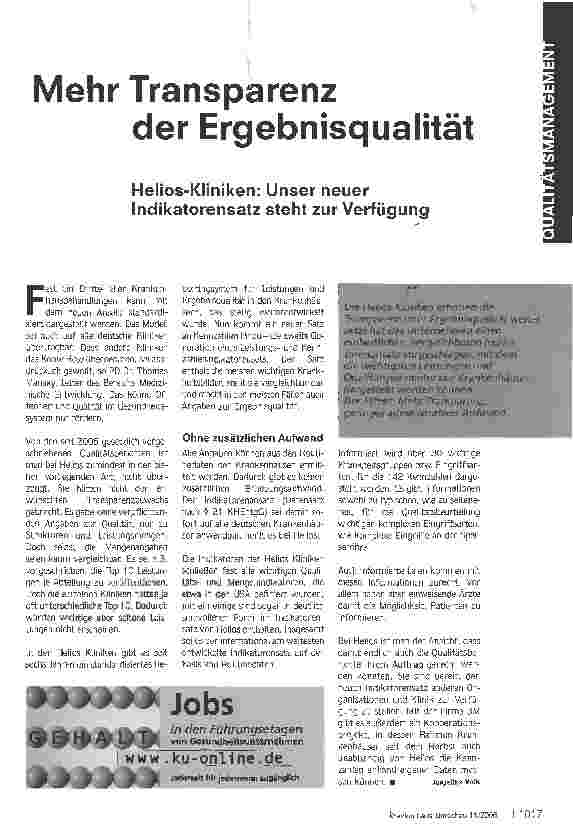 Vorschauseite 1: Mehr Transparenz der ErgebnisqualitätHelios-Kliniken: Unser neuer Indikatorensatz steht zur Verfügung