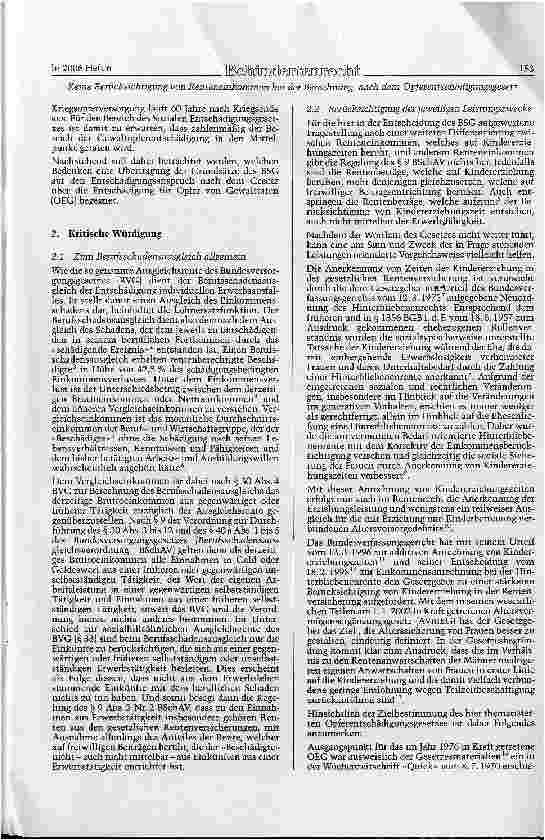 Vorschauseite 2: Keine Berücksichtigung von Renteneinkommen bei der Berechnung beruflichen Schadens nach dem Opferentschädigungsgesetz, soweit dieses auf Kindererziehungszeiten beruht - Zu viel de…