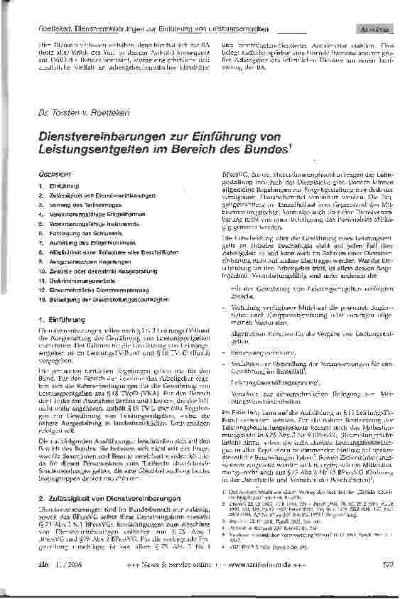 Vorschauseite 1: Dienstvereinbarungen zur Einführung von Leistungsentgelten im Bereich des Bundes