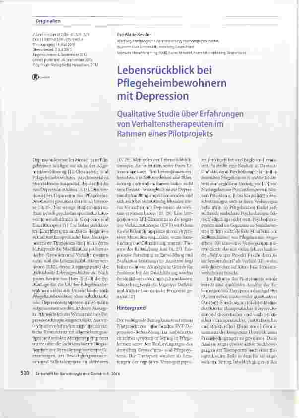Vorschauseite 1: Lebensrückblick bei Pflegeheimbewohnern mit Depression