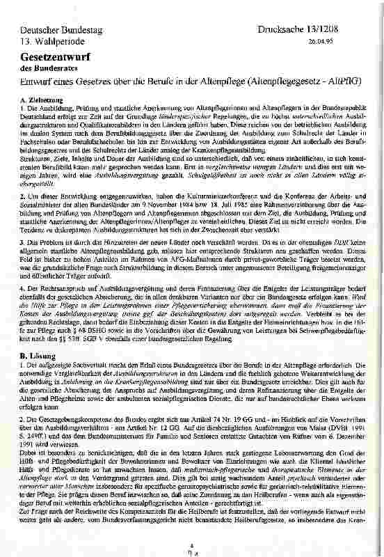 Vorschauseite 1: Gesetzentwurf des Bundesrates Entwurf eines Gesetzes über die Berufe in der Altenpflege (Altenpflegegesetz)