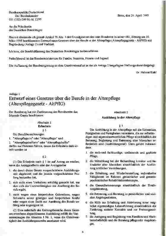 Vorschauseite 3: Gesetzentwurf des Bundesrates Entwurf eines Gesetzes über die Berufe in der Altenpflege (Altenpflegegesetz)
