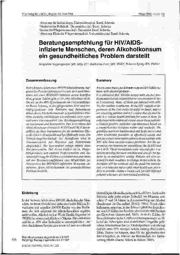Vorschauseite 1: Beratungsempfehlung für HIV/AIDS-infizierte Menschen, deren Alkoholkonsum ein gesundheitliches Problem darstellt